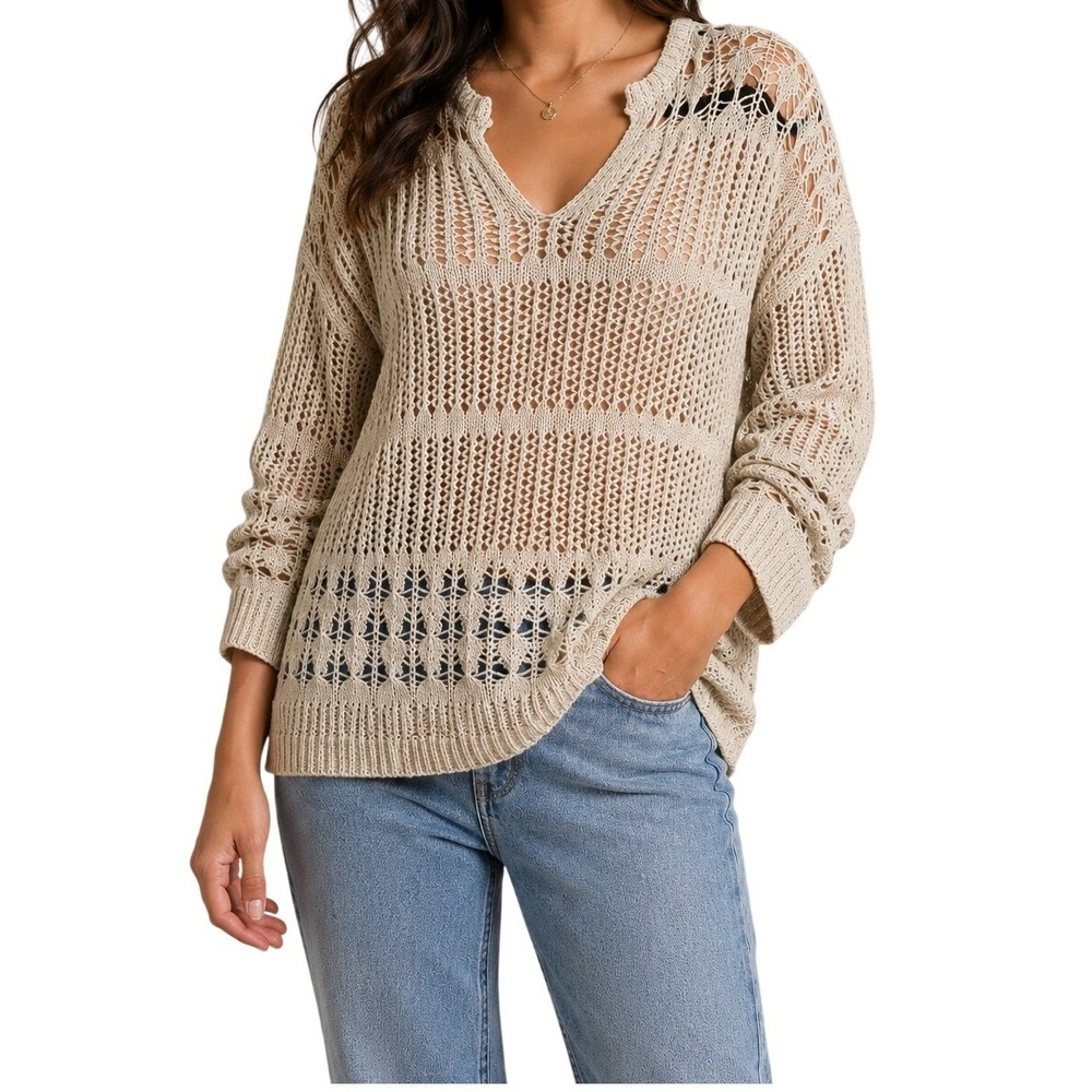 BiBi Cream Open‎ Knit Pointelle Notched V-Neck Sweater Women's Medium
